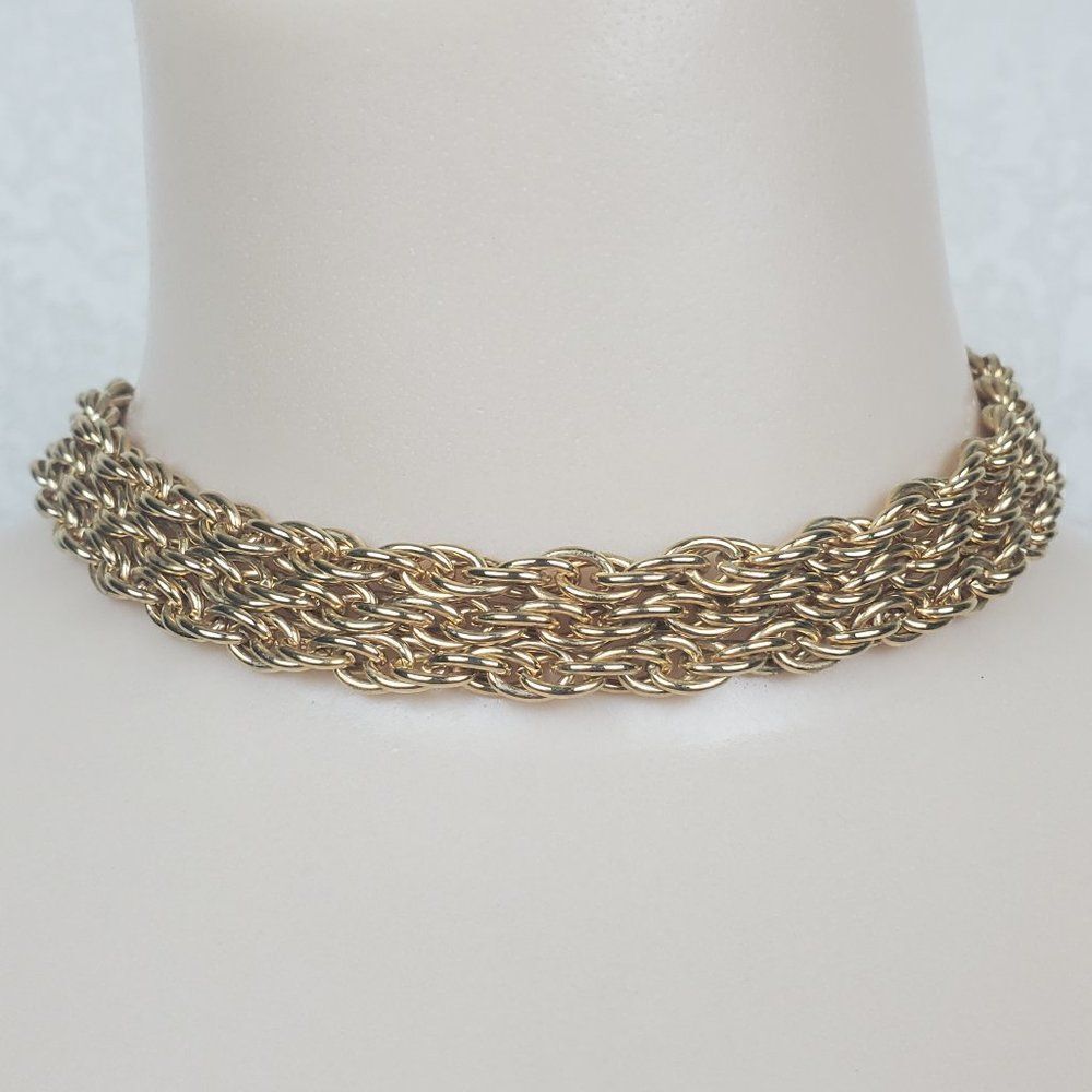 Vtg Triple Strand Gold Tone Metal Rope Collar Chain Chunky Statement Necklace - Picture 2 of 9